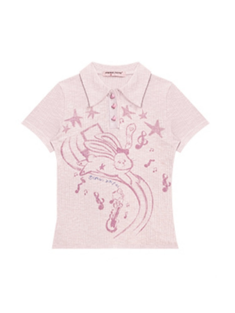Rabbit Print Polo Neck Knitted Short Sleeve T-Shirt【s0000013072】