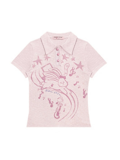 Rabbit Print Polo Neck Knitted Short Sleeve T-Shirt【s0000013072】