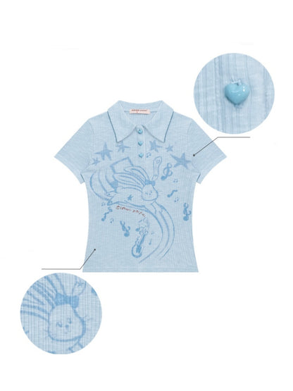Rabbit Print Polo Neck Knitted Short Sleeve T-Shirt【s0000013072】