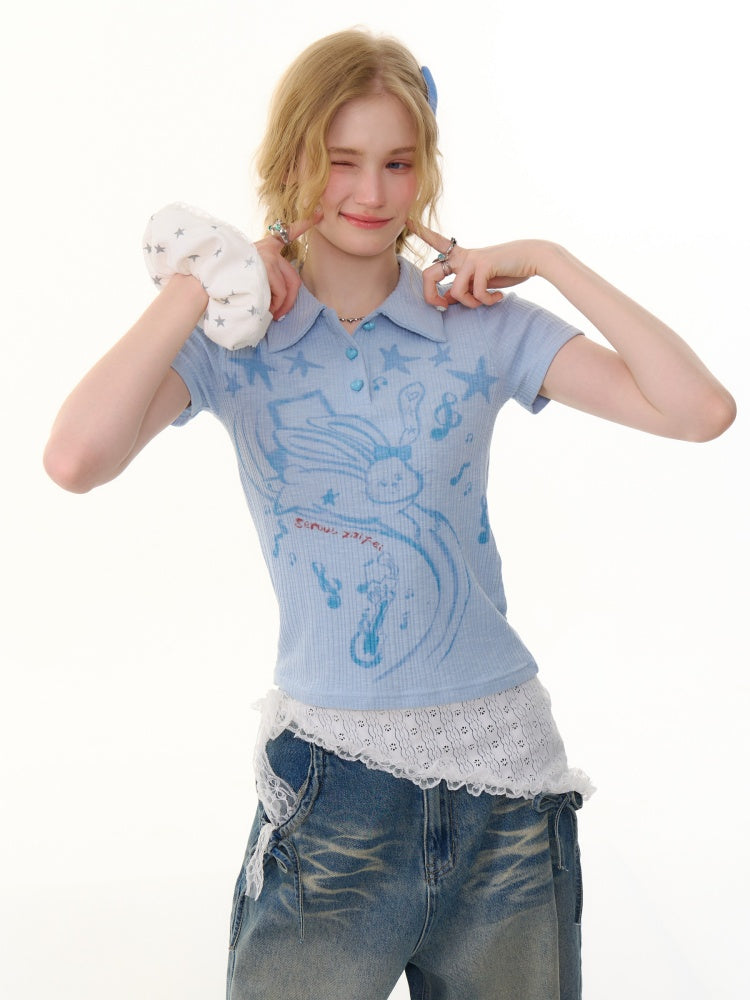 Rabbit Print Polo Neck Knitted Short Sleeve T-Shirt【s0000013072】