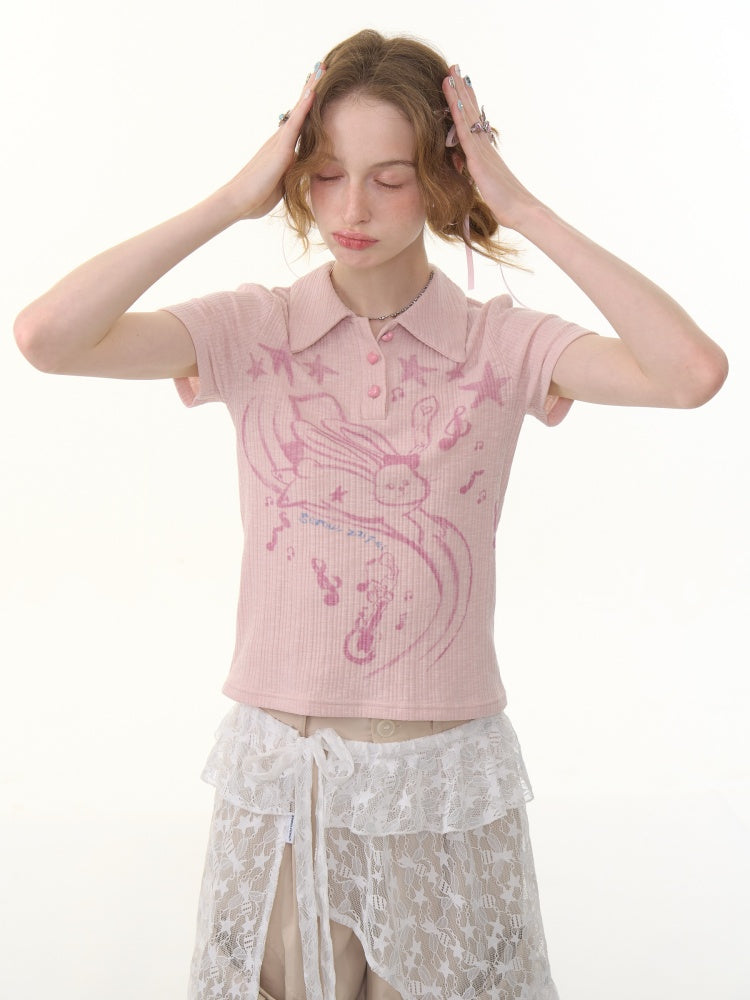 Rabbit Print Polo Neck Knitted Short Sleeve T-Shirt【s0000013072】