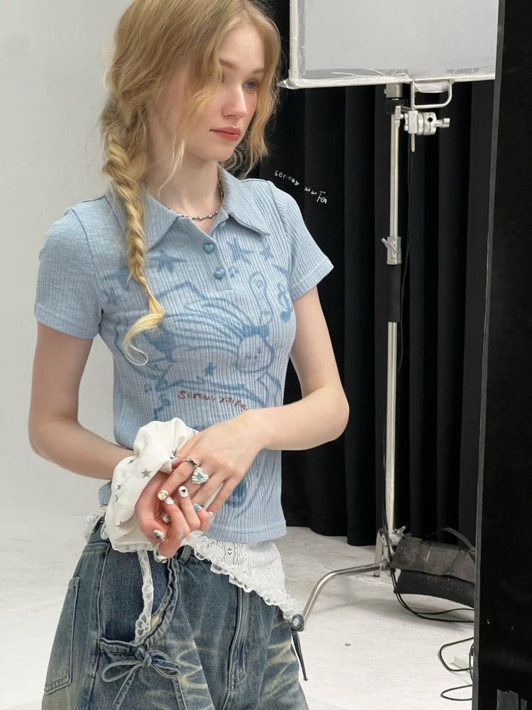 Rabbit Print Polo Neck Knitted Short Sleeve T-Shirt【s0000013072】