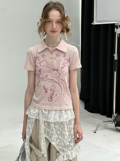 Rabbit Print Polo Neck Knitted Short Sleeve T-Shirt【s0000013072】