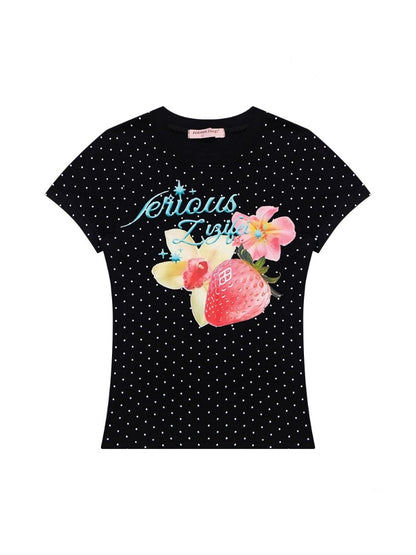 Strawberry Print Polka Dot Short Sleeve T-Shirt【s0000013073】