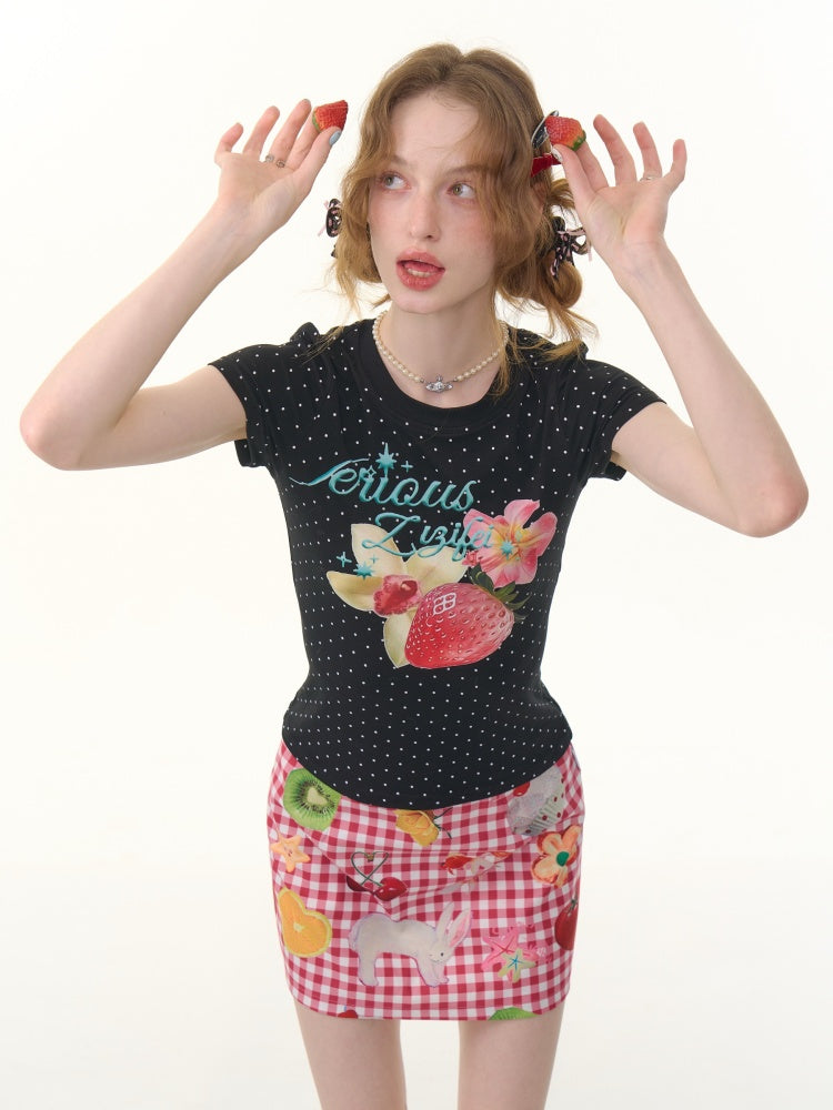 Strawberry Print Polka Dot Short Sleeve T-Shirt【s0000013073】