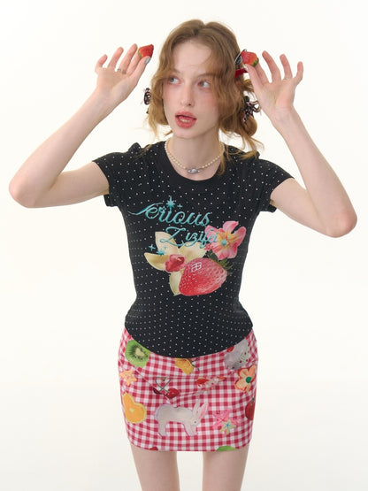 Strawberry Print Polka Dot Short Sleeve T-Shirt【s0000013073】