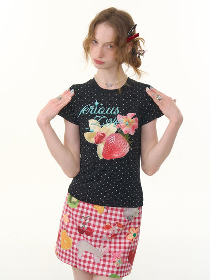 Strawberry Print Polka Dot Short Sleeve T-Shirt【s0000013073】