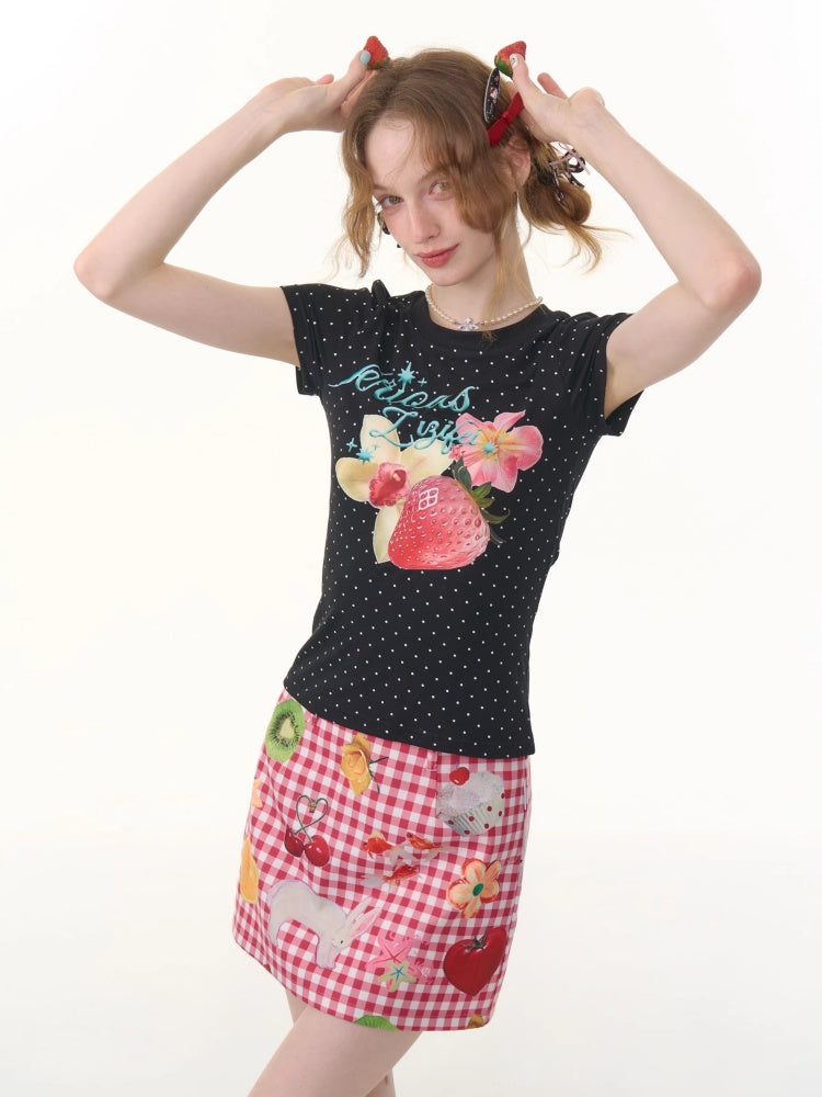Strawberry Print Polka Dot Short Sleeve T-Shirt【s0000013073】