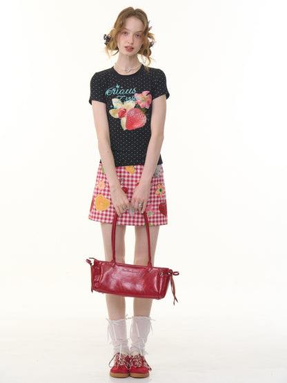 Strawberry Print Polka Dot Short Sleeve T-Shirt【s0000013073】