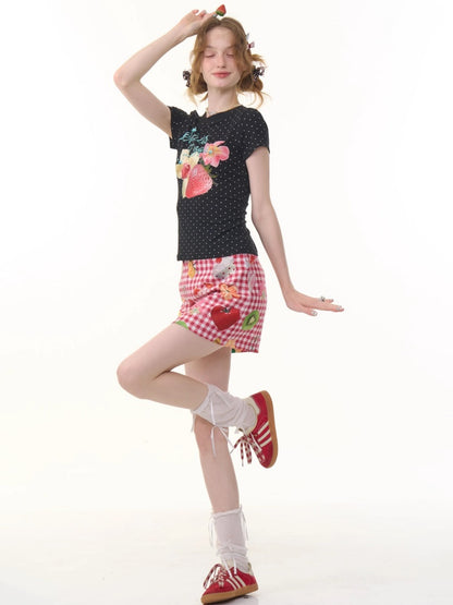 Strawberry Print Polka Dot Short Sleeve T-Shirt【s0000013073】