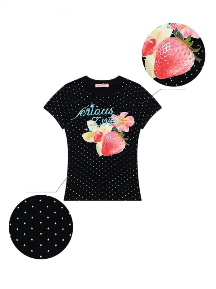 Strawberry Print Polka Dot Short Sleeve T-Shirt【s0000013073】