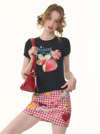 Strawberry Print Polka Dot Short Sleeve T-Shirt【s0000013073】