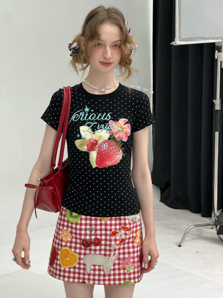 Strawberry Print Polka Dot Short Sleeve T-Shirt【s0000013073】
