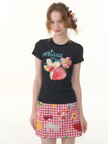 Strawberry Print Polka Dot Short Sleeve T-Shirt【s0000013073】