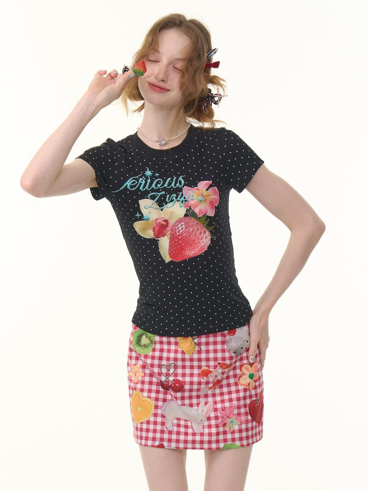 Strawberry Print Polka Dot Short Sleeve T-Shirt【s0000013073】