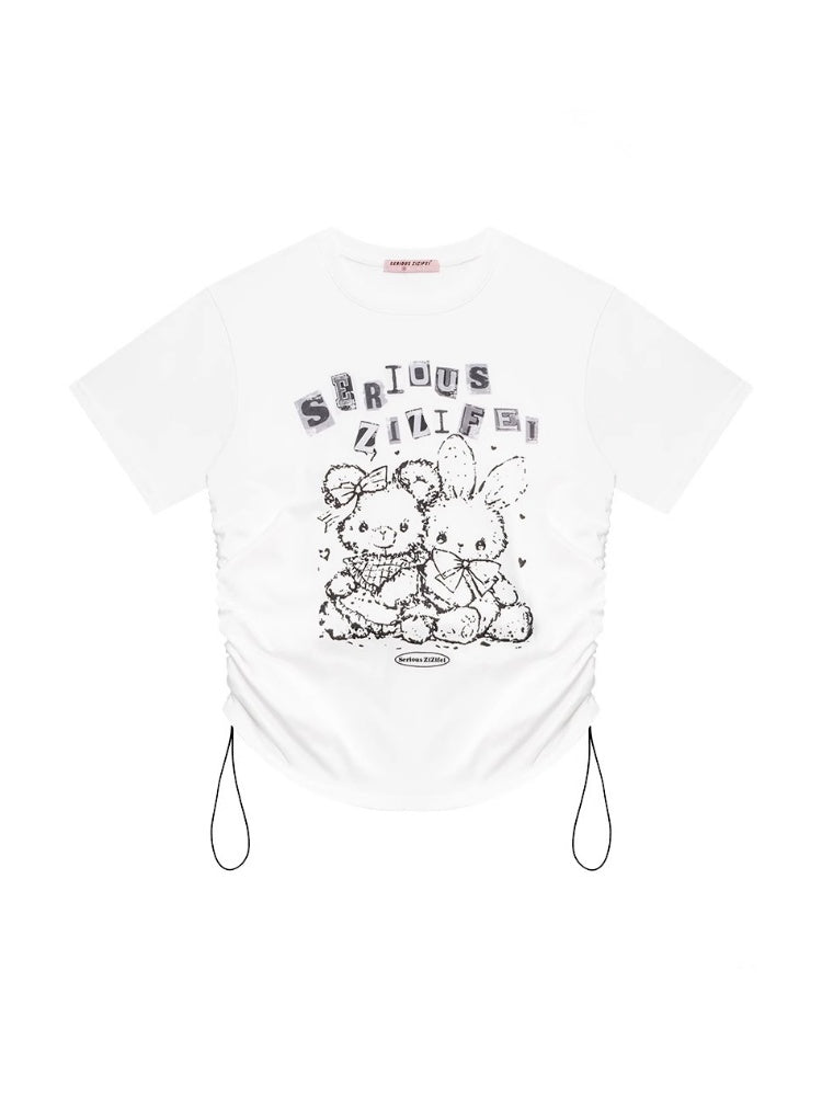 Animal Print Drawstring Crew Neck Loose Short Sleeve T-Shirt【s0000013074】
