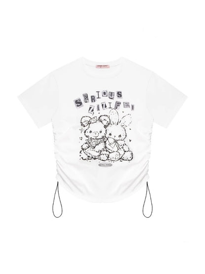 Animal Print Drawstring Crew Neck Loose Short Sleeve T-Shirt【s0000013074】