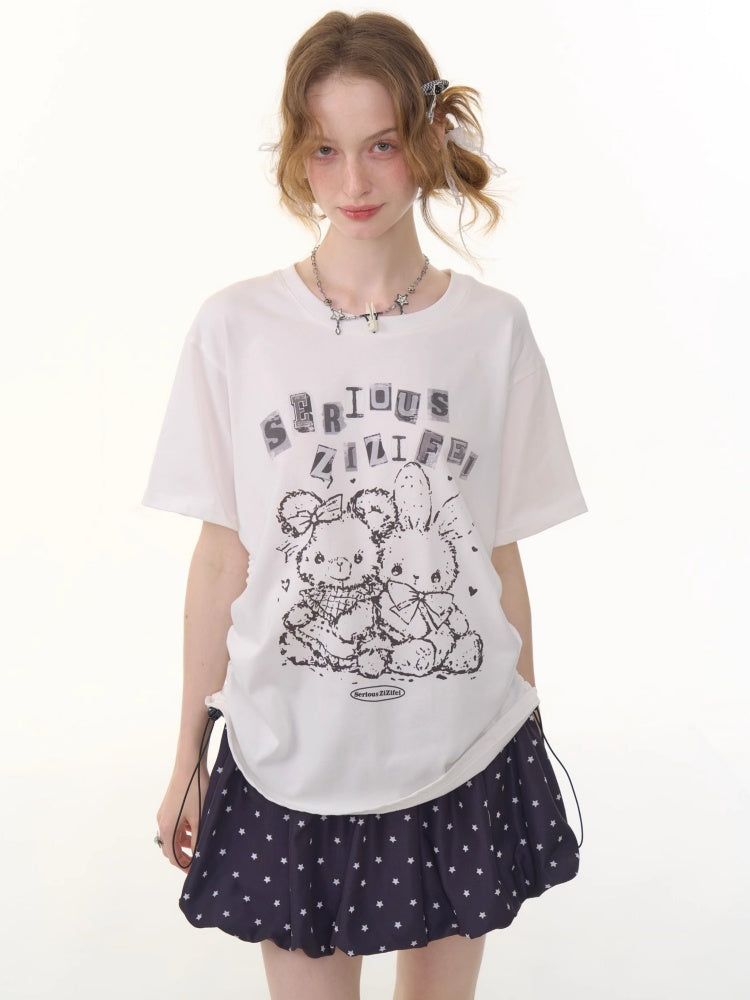 Animal Print Drawstring Crew Neck Loose Short Sleeve T-Shirt【s0000013074】