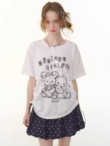 Animal Print Drawstring Crew Neck Loose Short Sleeve T-Shirt【s0000013074】