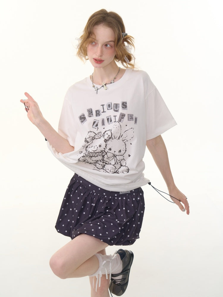 Animal Print Drawstring Crew Neck Loose Short Sleeve T-Shirt【s0000013074】