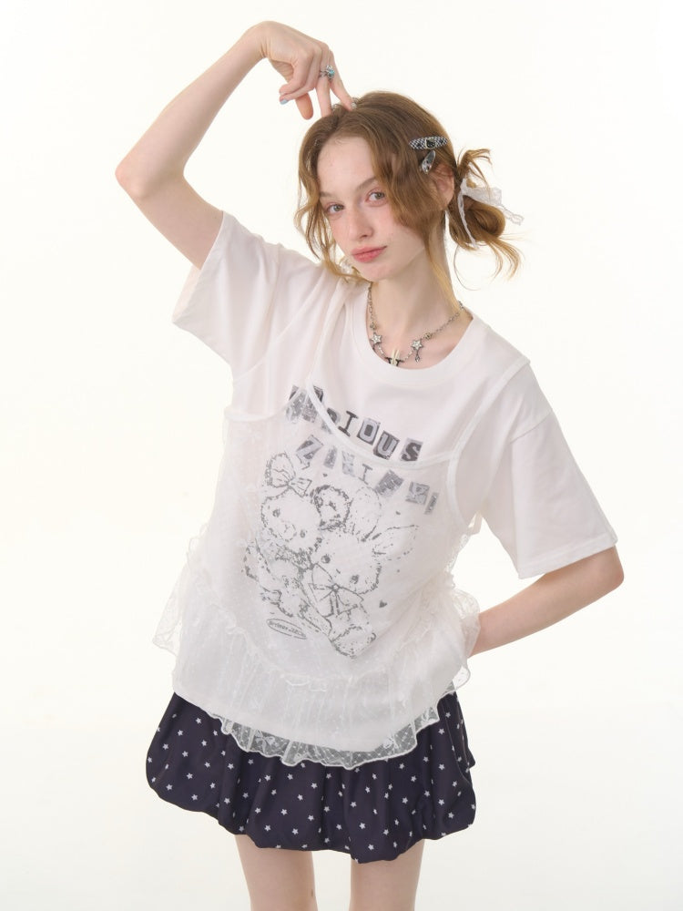 Animal Print Drawstring Crew Neck Loose Short Sleeve T-Shirt【s0000013074】