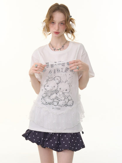 Animal Print Drawstring Crew Neck Loose Short Sleeve T-Shirt【s0000013074】