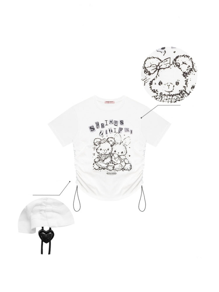 Animal Print Drawstring Crew Neck Loose Short Sleeve T-Shirt【s0000013074】
