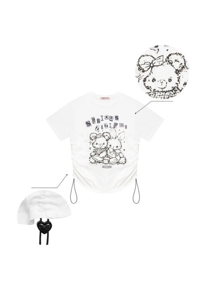 Animal Print Drawstring Crew Neck Loose Short Sleeve T-Shirt【s0000013074】