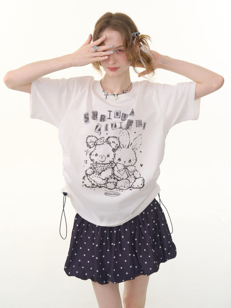Animal Print Drawstring Crew Neck Loose Short Sleeve T-Shirt【s0000013074】