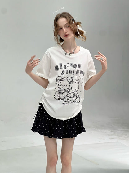 Animal Print Drawstring Crew Neck Loose Short Sleeve T-Shirt【s0000013074】