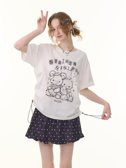 Animal Print Drawstring Crew Neck Loose Short Sleeve T-Shirt【s0000013074】