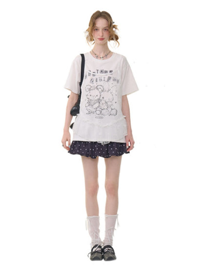 Animal Print Drawstring Crew Neck Loose Short Sleeve T-Shirt【s0000013074】