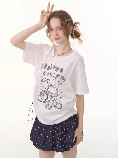 Animal Print Drawstring Crew Neck Loose Short Sleeve T-Shirt【s0000013074】