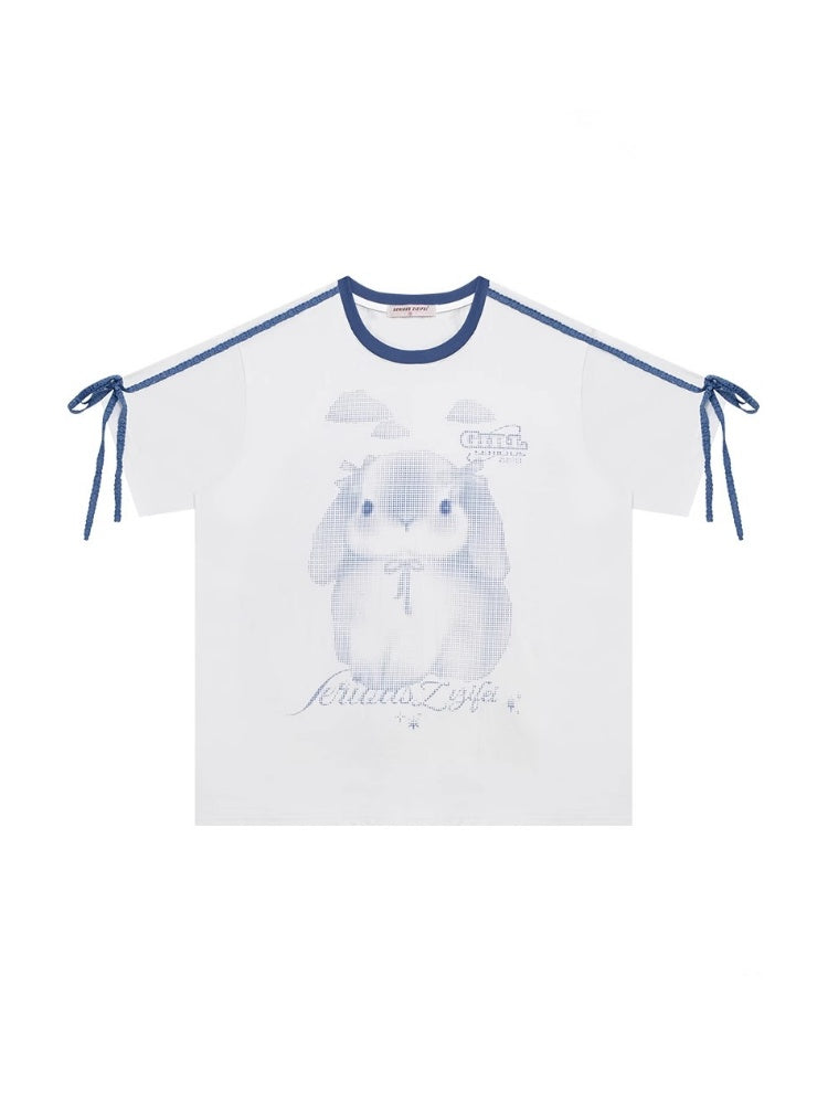 Rabbit Print Piping Lace Ribbon Loose Crew Neck Short Sleeve T-Shirt【s0000013075】