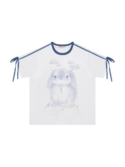 Rabbit Print Piping Lace Ribbon Loose Crew Neck Short Sleeve T-Shirt【s0000013075】