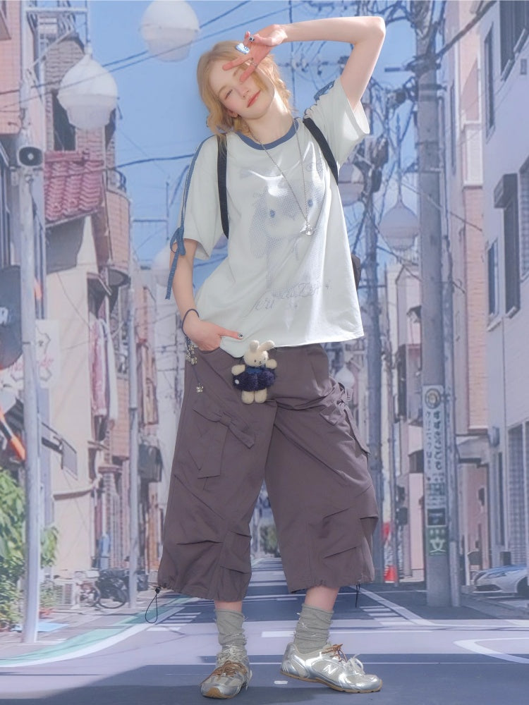 Rabbit Print Piping Lace Ribbon Loose Crew Neck Short Sleeve T-Shirt【s0000013075】