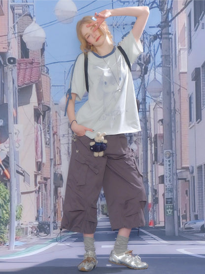 Rabbit Print Piping Lace Ribbon Loose Crew Neck Short Sleeve T-Shirt【s0000013075】