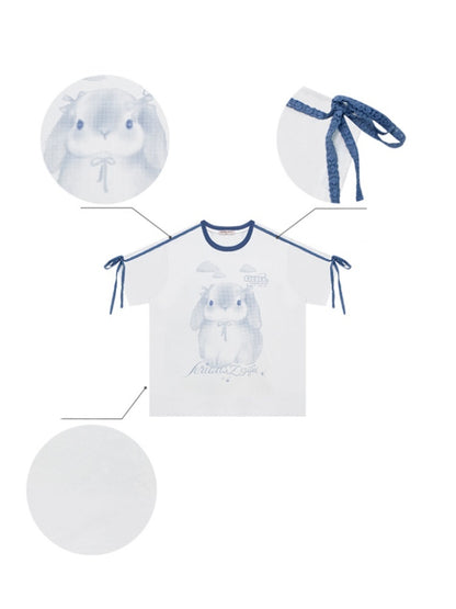 Rabbit Print Piping Lace Ribbon Loose Crew Neck Short Sleeve T-Shirt【s0000013075】