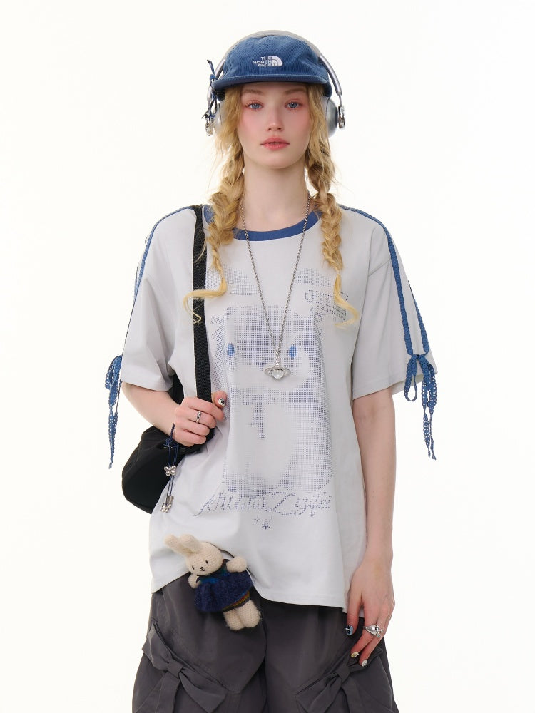 Rabbit Print Piping Lace Ribbon Loose Crew Neck Short Sleeve T-Shirt【s0000013075】