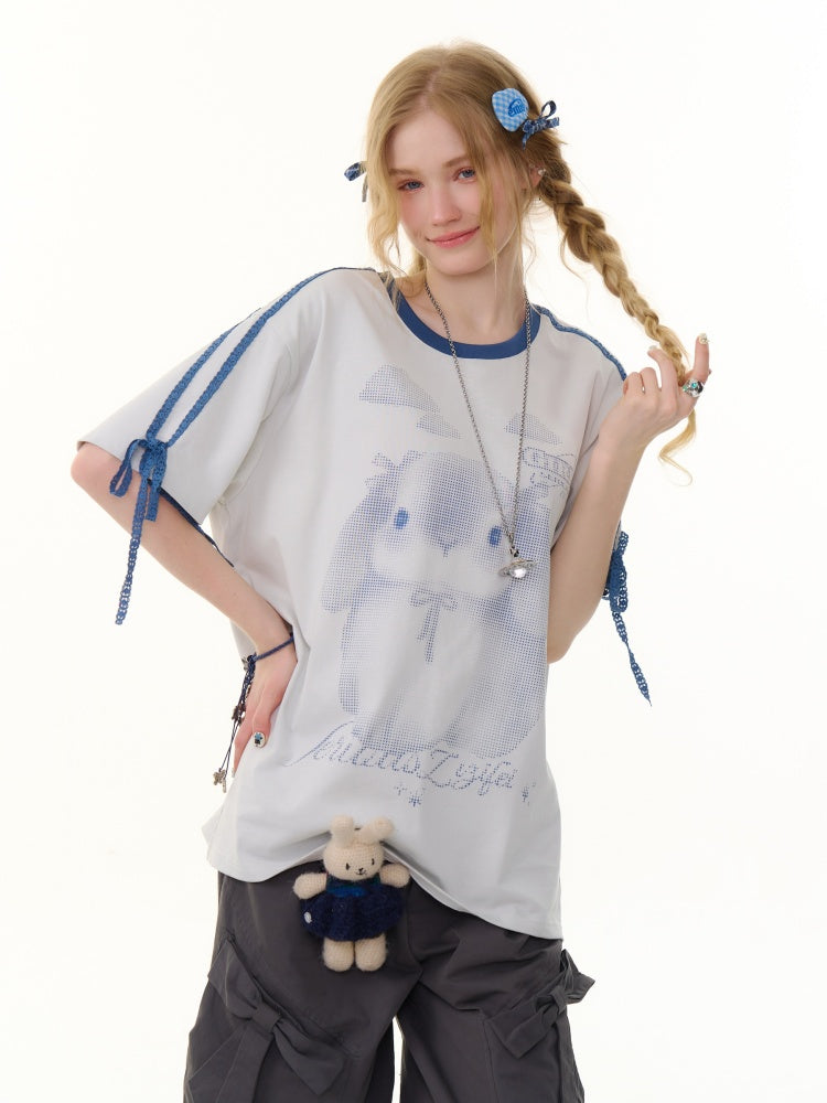 Rabbit Print Piping Lace Ribbon Loose Crew Neck Short Sleeve T-Shirt【s0000013075】