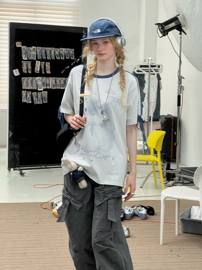 Rabbit Print Piping Lace Ribbon Loose Crew Neck Short Sleeve T-Shirt【s0000013075】