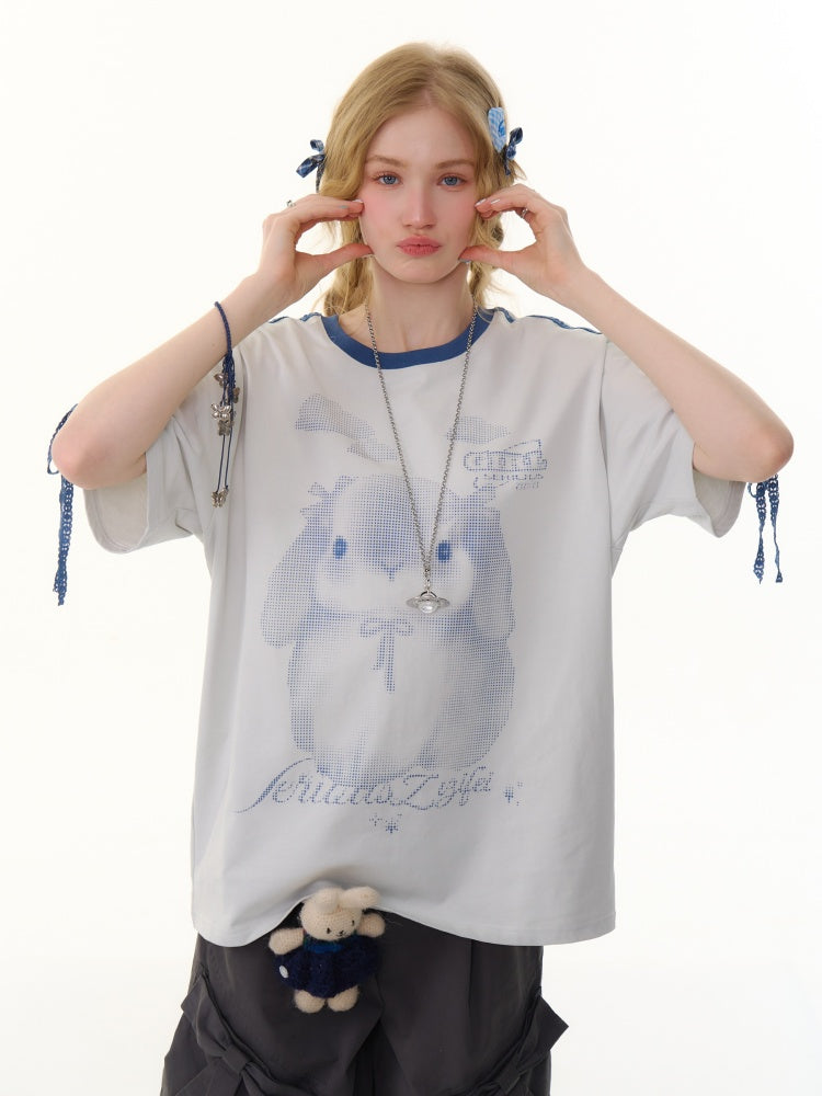 Rabbit Print Piping Lace Ribbon Loose Crew Neck Short Sleeve T-Shirt【s0000013075】