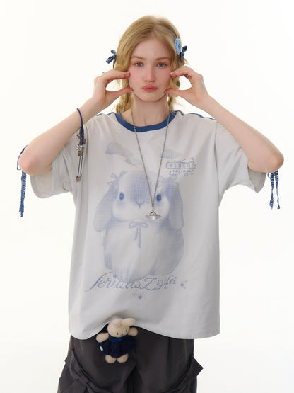 Rabbit Print Piping Lace Ribbon Loose Crew Neck Short Sleeve T-Shirt【s0000013075】