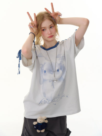 Rabbit Print Piping Lace Ribbon Loose Crew Neck Short Sleeve T-Shirt【s0000013075】