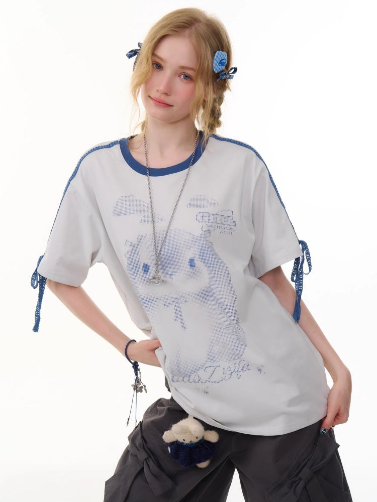 Rabbit Print Piping Lace Ribbon Loose Crew Neck Short Sleeve T-Shirt【s0000013075】