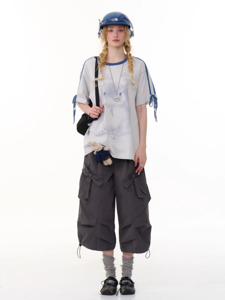 Rabbit Print Piping Lace Ribbon Loose Crew Neck Short Sleeve T-Shirt【s0000013075】