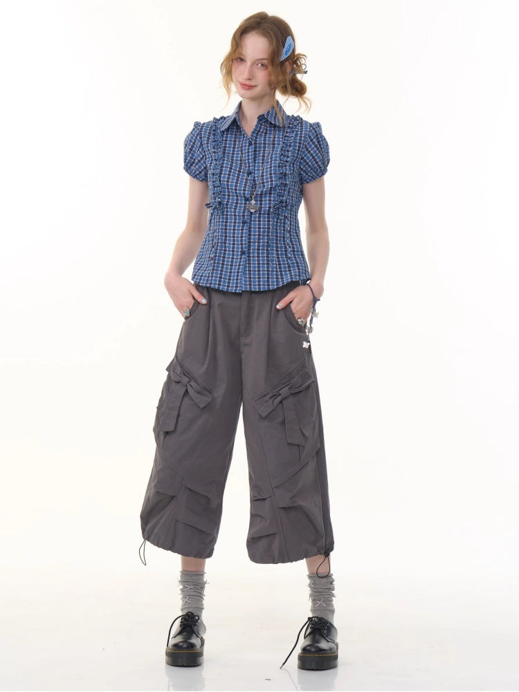 Bow Wide Legged Cargo Drawstring Cropped Pants【s0000013076】