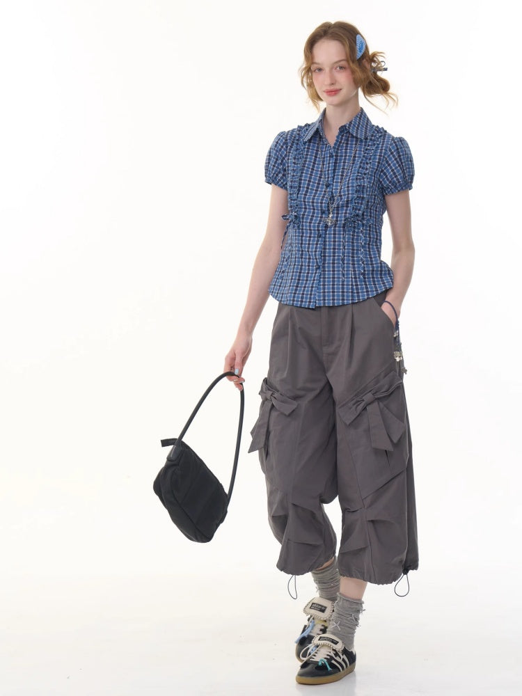 Bow Wide Legged Cargo Drawstring Cropped Pants【s0000013076】