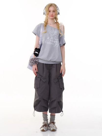Bow Wide Legged Cargo Drawstring Cropped Pants【s0000013076】