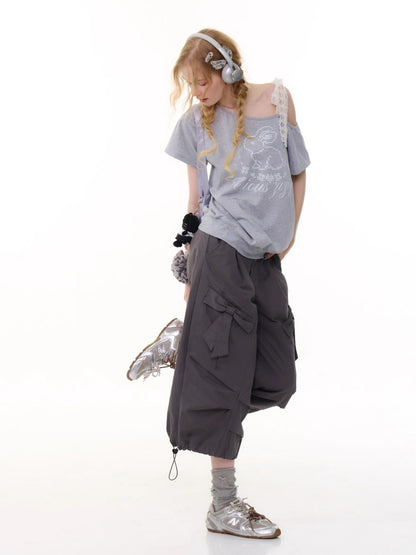 Bow Wide Legged Cargo Drawstring Cropped Pants【s0000013076】